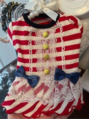 Dog Dress- Red & White Striped Lace Bow